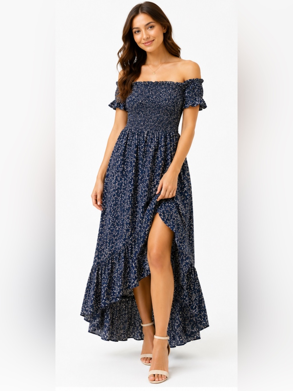 Francesca's Collections Navy Floral Off-Shoulder High-Low Dress
